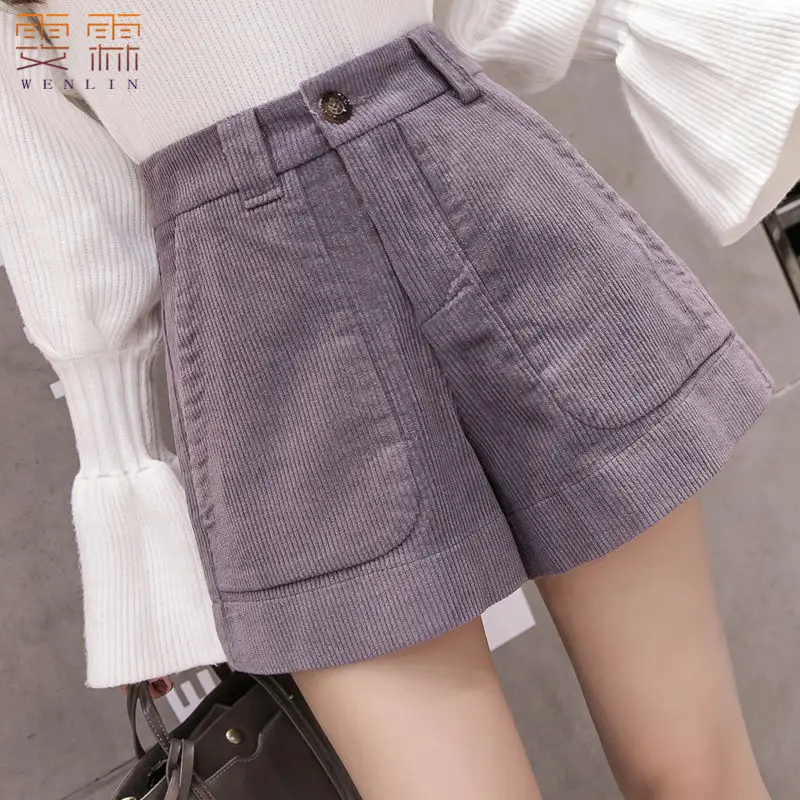 Женские вельветовые шорты с высокой талией повседневные Прямые карманами модель