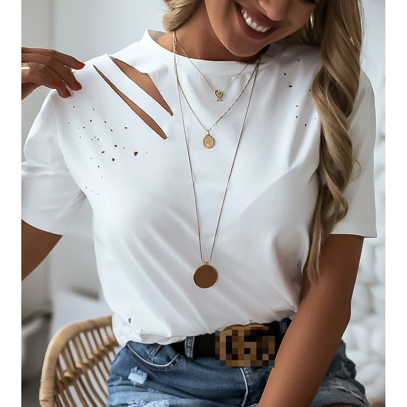 Женская футболка с круглым вырезом повседневная однотонная белая коротким