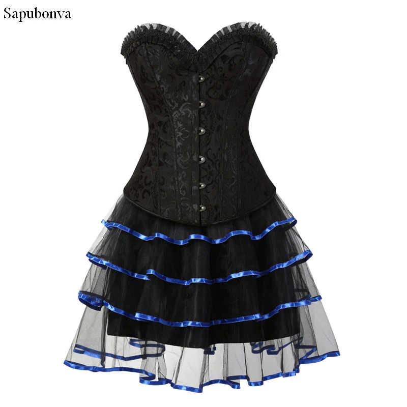 

Sapubonva spiral steel boned overbust corset bustier victorian corset dresses up corselet corset with skirts tutu set sexy satin