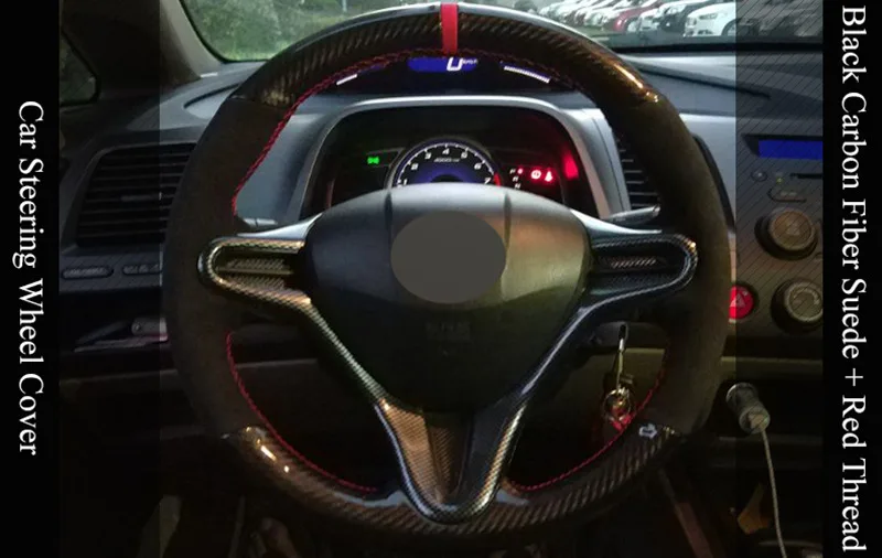 Черный углеродного волокна Черная замша DIY чехол рулевого колеса автомобиля для Honda Civic 8 2006-2009 Old Civic 2004-2011(3-спица