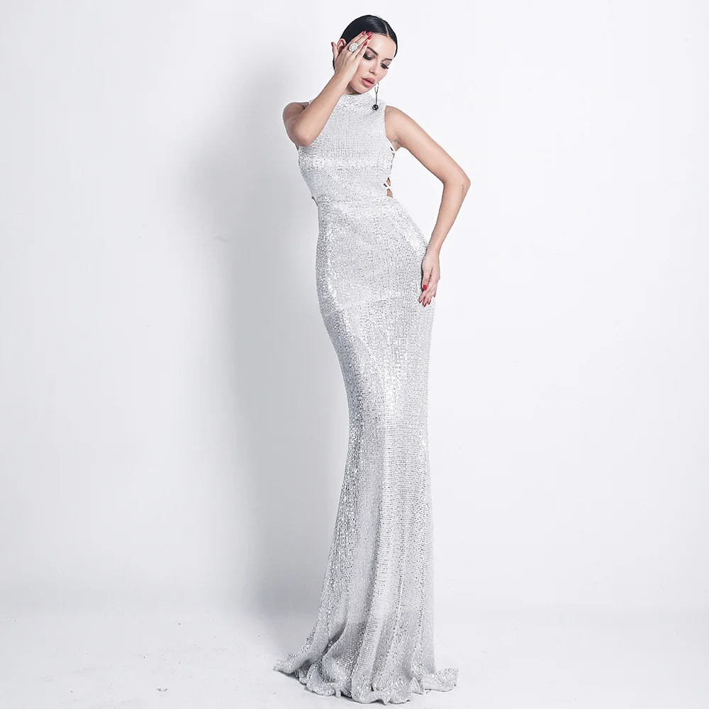 

IFox 2020 Sexy Turtleneck Tank Sleeve Women Dress Fashion Hollow Out Tank Sleeve Zipper Back Maxi Color Dress with Train