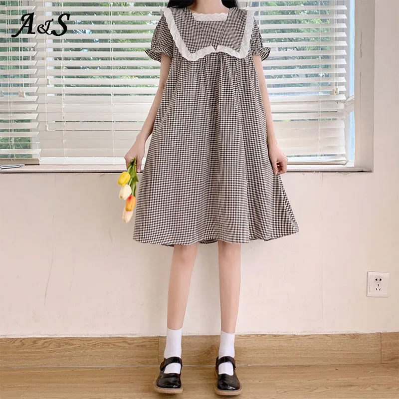 

Anbenser Japanese Women Mini Dress turndown collar With Lace Black Plaid Beading Dress Flare Sleeve Cute Kawaii Feminine Dress