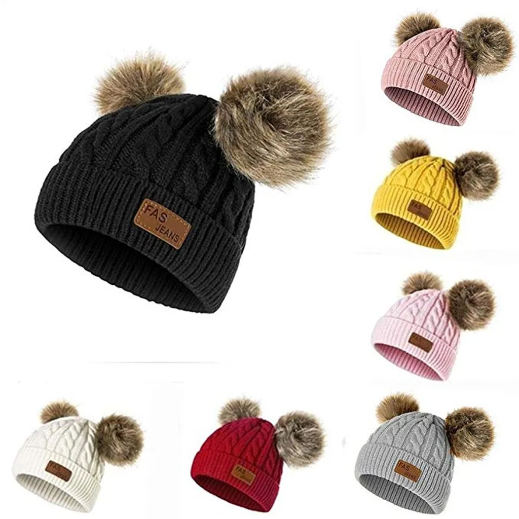 Вязаная шапка для мальчиков и девочек теплая зимняя вязаная с меховым помпоном