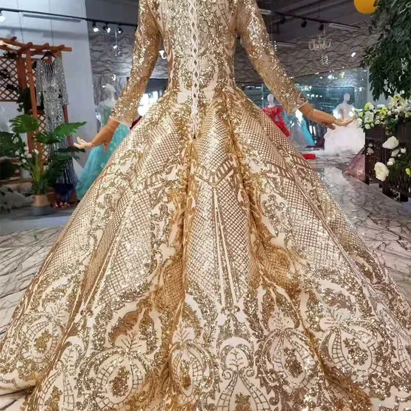 LSS286 luxury dubai dresses women occasion o-neck long sleeve muslim ball sparkly party dress curve shape evening dresses golden