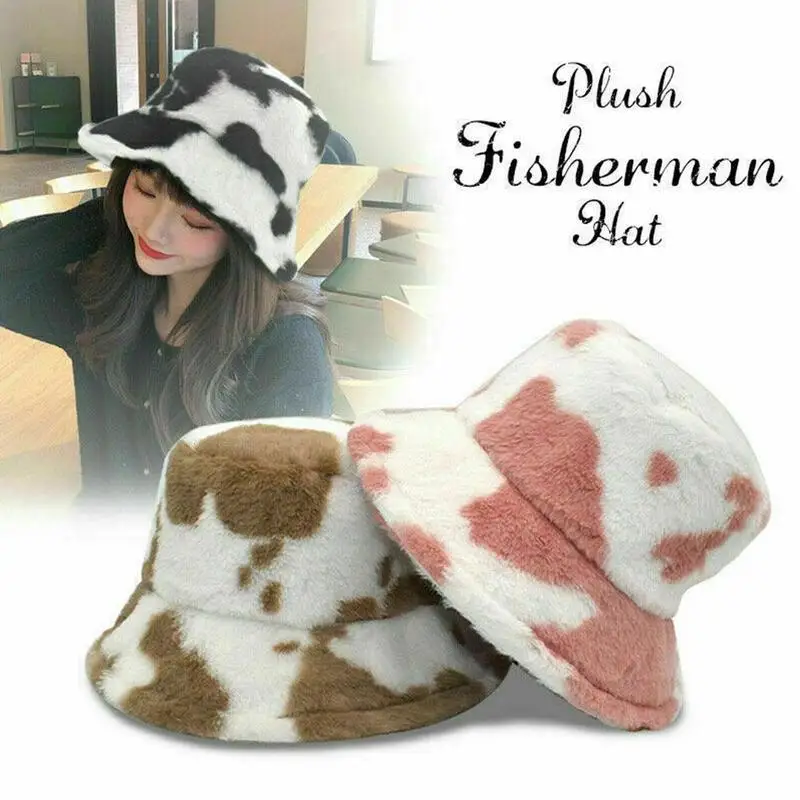 

New Fashion Faux Fur Cow Print Bucket Hats Women Winter Panama Fisherman Caps Gorra