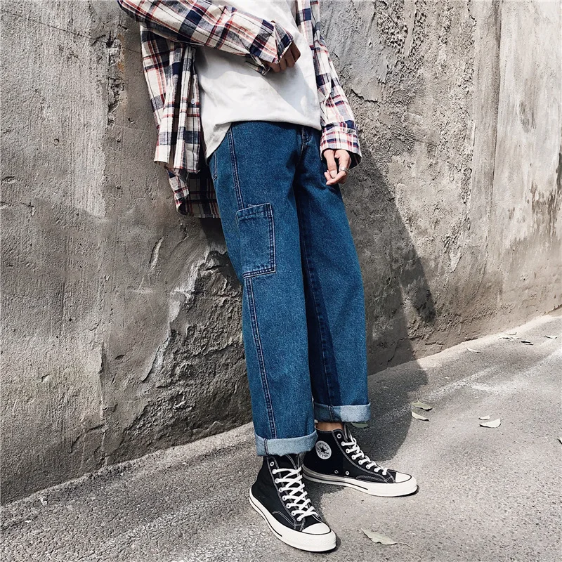 

Fashion Casual Men Jeans Summer Autumn Streetwear Solid Loose Cuffs Pockets Ankle Length Straight Denim Trousers Plus Size