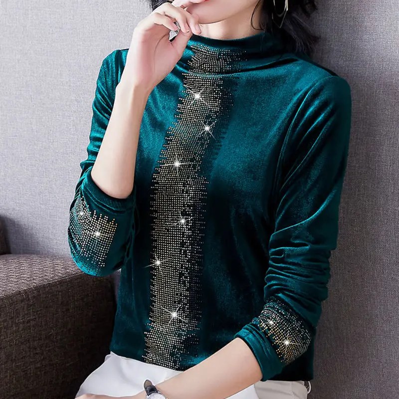 

Turtleneck Velvet Bottoming Shirt Women Bling Sequined Thick Long Sleeve Shirts Autumn Winter Tops Casual Stretch Clothes