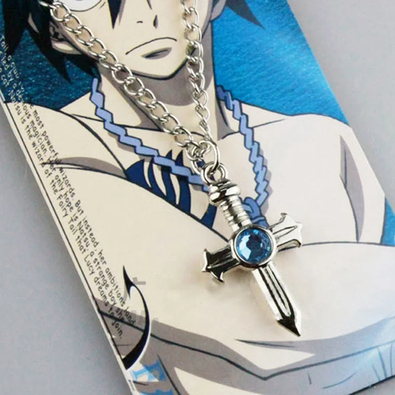 Мода синий Аниме Кристалл крест кулон ожерелье Сказочный хвост фигура серый
