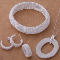 fashion silver plated 925 silver accessories braided style fine mesh earring necklace ring bracelet jewelry sets for women