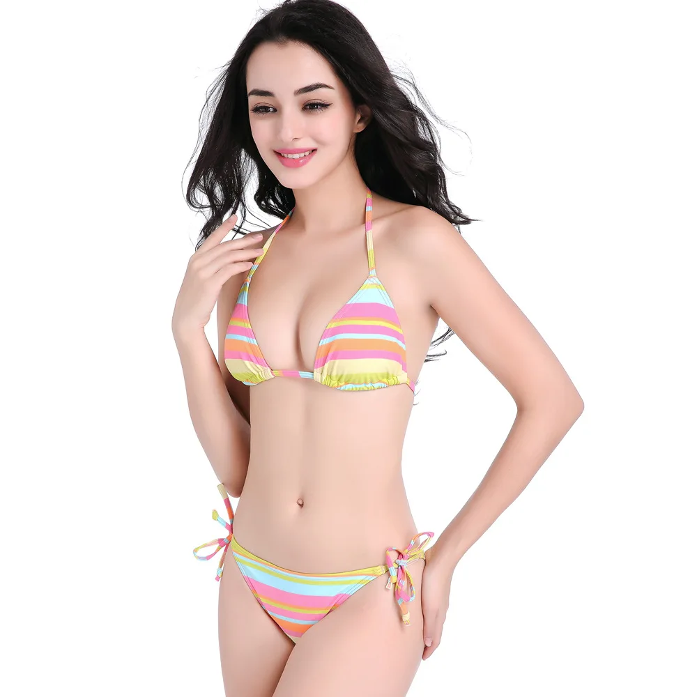 

2021 New Wind Rainbow Stripes With Nylon Bikini Swimsuit Vacation Hot Springs