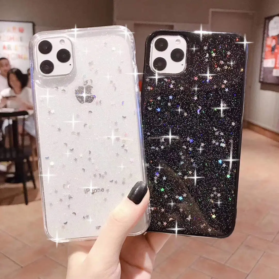 

Star Moon Sparkle Sequins Soft Clear EPOXY TPU Cover Bling Glitter Case For iPhone 12 11 Pro X XS XR Max 6 6s 7 8 Plus SE 5S