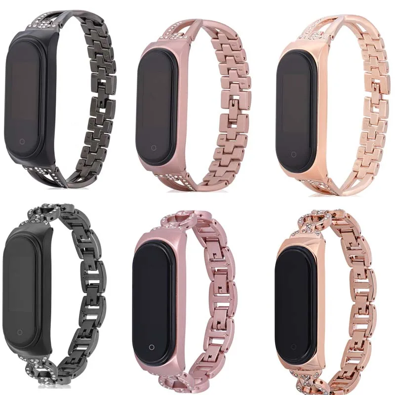 Женский ремешок для Xiaomi MiBand 4 браслет из нержавеющей стали с бриллиантами Miband 3