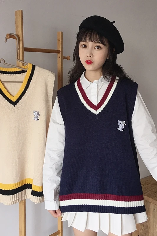 

Sweet College V-neck Cute Cat Embroidery Sleeveless Waistcoat Vest Japanese Style White Shirt Outfit Women's Autumn jk uniform