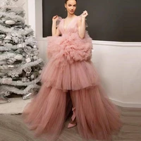 fashion tiered puffy a line tulle prom dresses v neck hi lo formal evening gowns ruffle long pink pageant dress for women girls