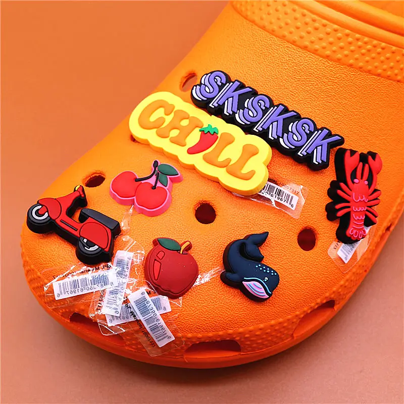 Luxury 1pcs Lobster Motorcycle Shoe Charms Cherry Apple Whale SK PVC Shoe Accessories Decoration Fit Croc Jibz Party Kids Gifts