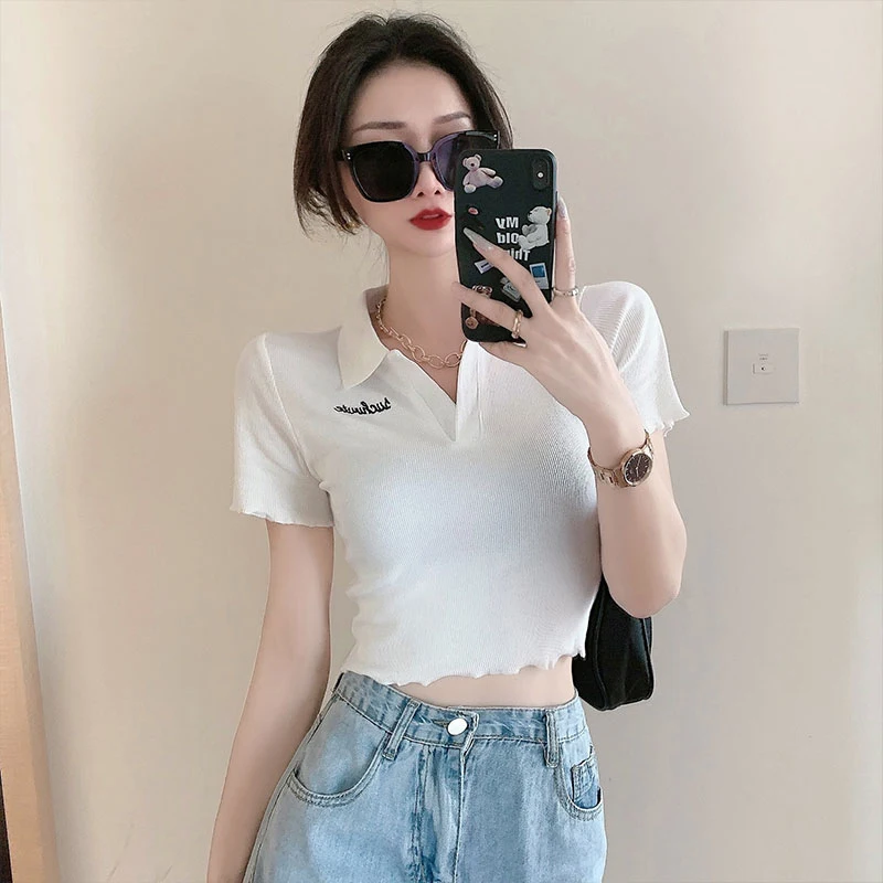 

Y2k Turn-down Collar Slim Crop Top Summer Style Streetwear White Woman Tshirts Letter Embroidery Tees Female Clothes New