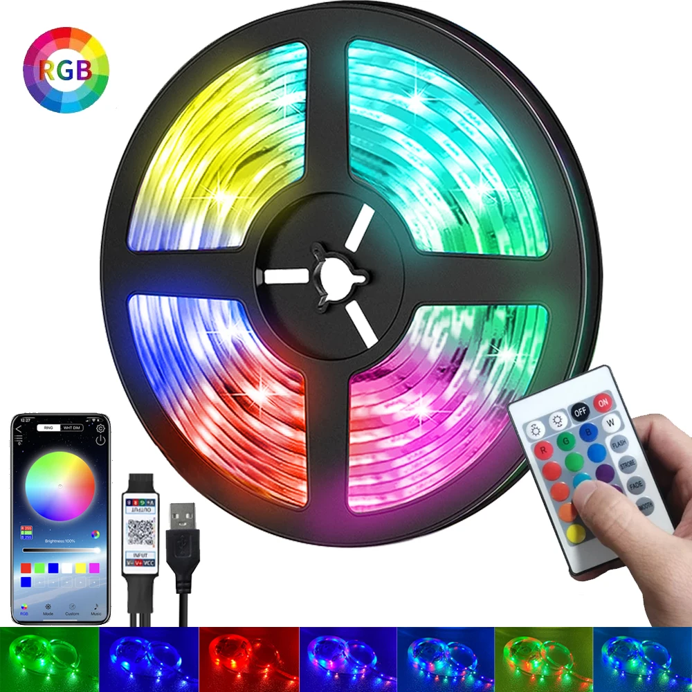 

Светодиодные ленты RGB 2835 с управлением через приложение и поддержкой Bluetooth, 5 В, USB, 24 клавиши