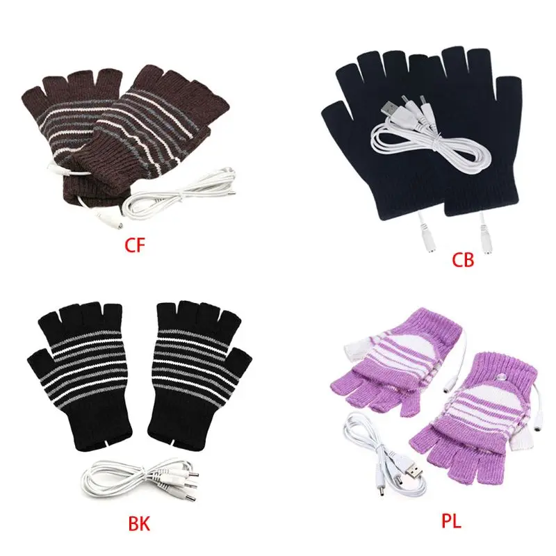 

Women Men USB Powered Fingerless Heated Gloves Washable Knitted Stripes Computer Convertible Mittens Winter Outdoor Hand 85WB