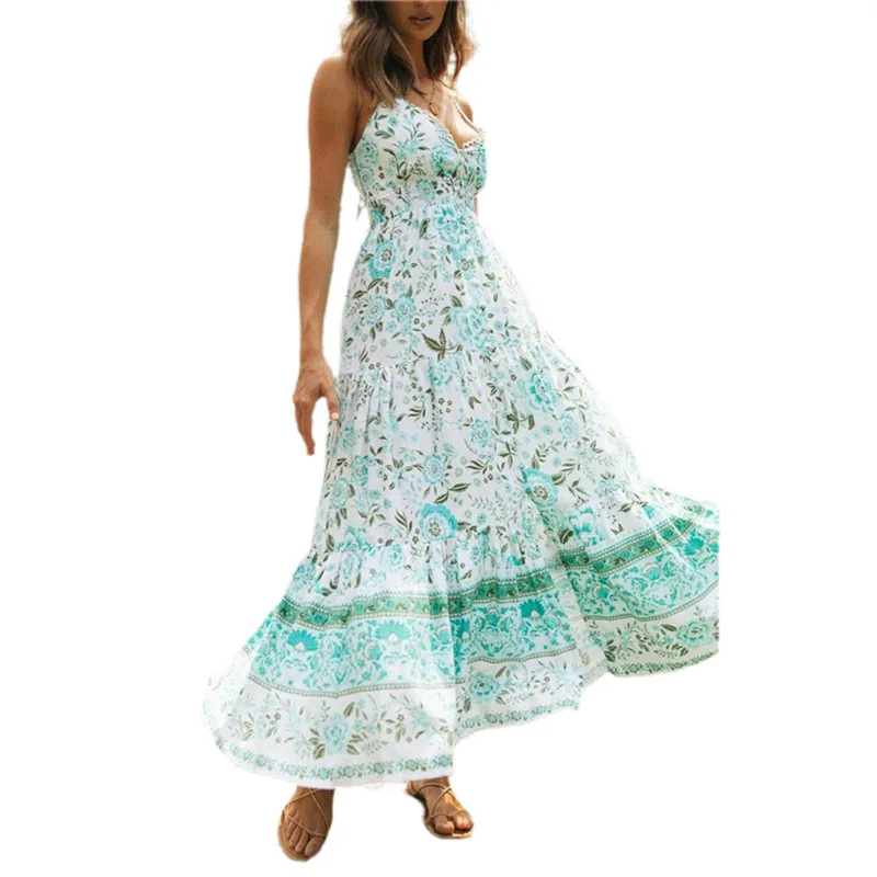 

Women Sexy Boho Maxi Dresses Sleeveless/Short Sleeve Dress Casual Loose Printing V-neck High Waist One-piece Dresses Split Dress