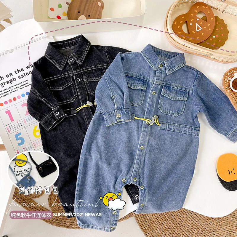 

2021 Baby and Toddler Autumn Romper Boys and Girls Lapel Denim Long-sleeved Jumpsuit Newborn Baby Clothes Baby Rompers