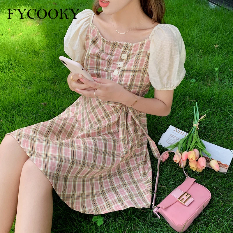 

Женское винтажное платье с квадратным вырезом, повседневное клетчатое платье мини во французском стиле с одним плечом и оборками, лето 2021