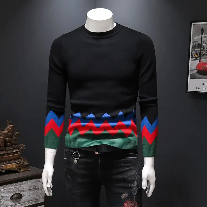 

Fall/Winter Men's Tide Slim Fit Retro Contrast Wave Crewneck Knitted Sweater