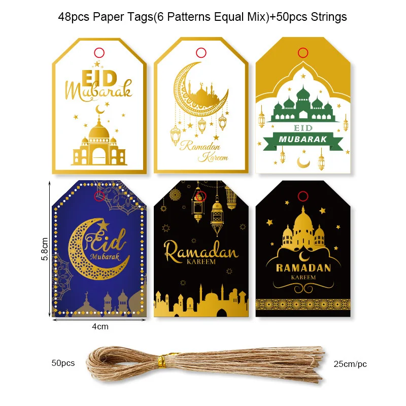 

48pcs EID MUBARAK Ramadan Kareem Paper Tags With Rope DIY Gift Labels Islamic Muslim Festival Party Decoration Eid Al Adha Decor
