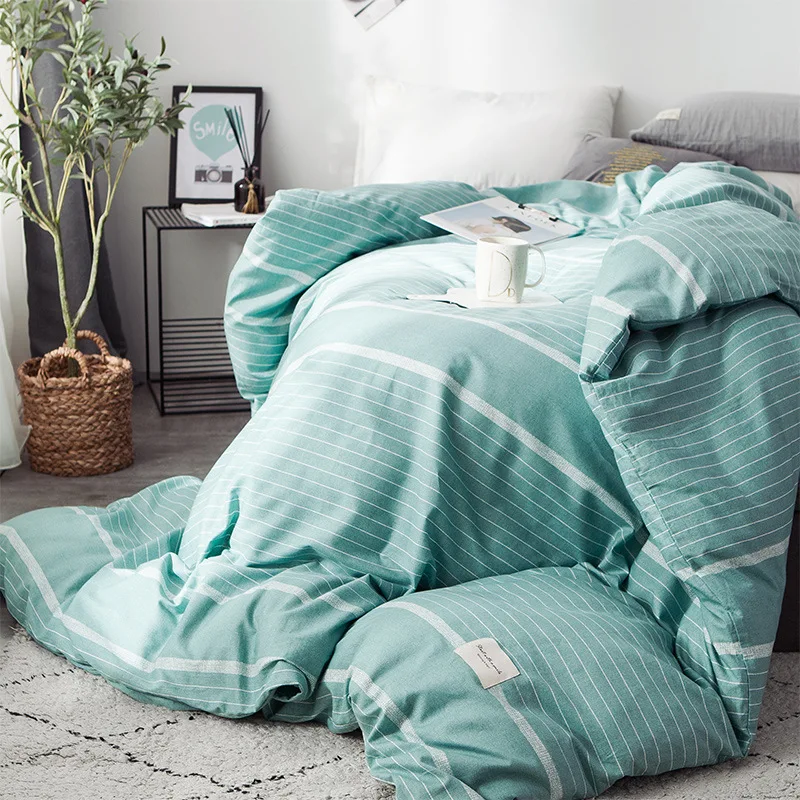 

Modern Household Bedding Set New Cotton Quilt Cover Simple Stripe Check Single Double Woven Label