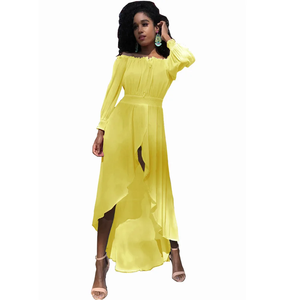 

SSEURAT Women Long Dress Solid Shirring Full Sleeve Slash Neck Empire Loose Splited Dresses Lady Fashion Outfit Summer