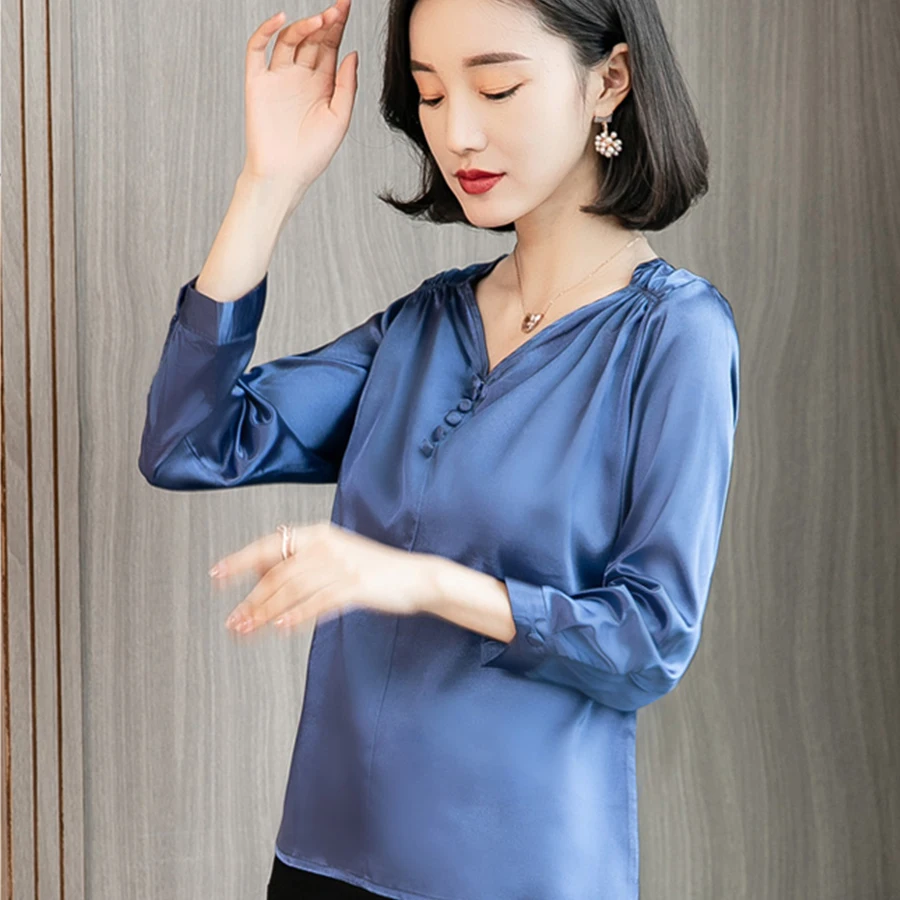 Блузка DICLOUD Женская простой сатин с длинным рукавом и треугольным вырезом