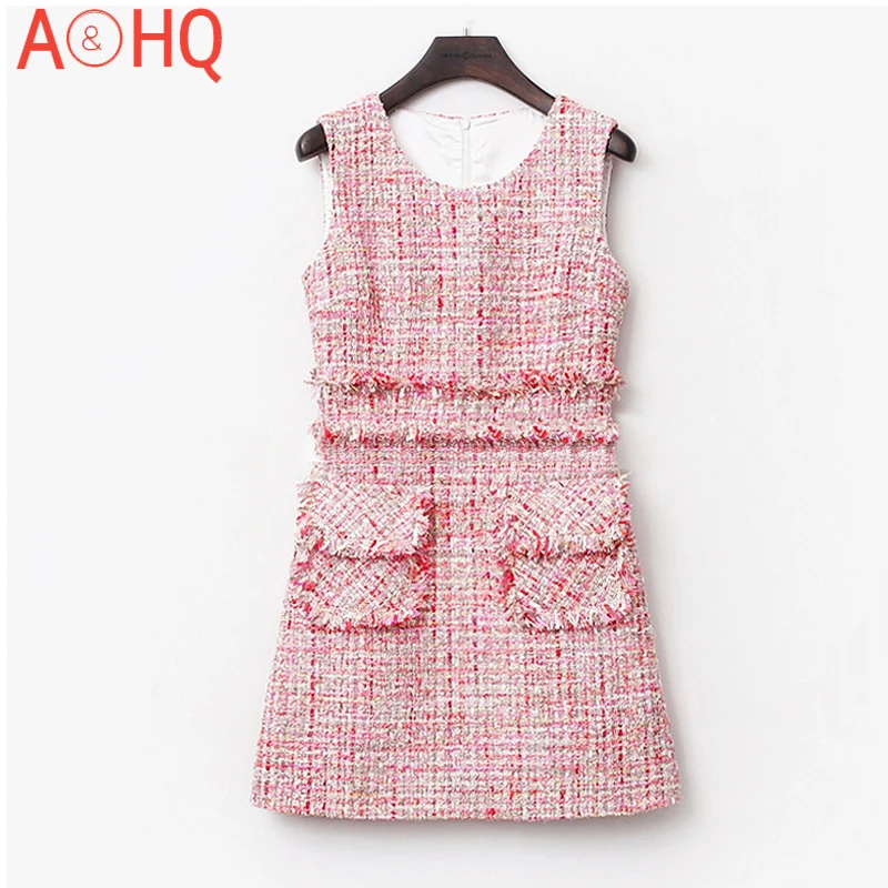 

Pink tweed dress sleeveless 2021 spring / autumn women's dress tassel ladies slim bottoming dress one-piece