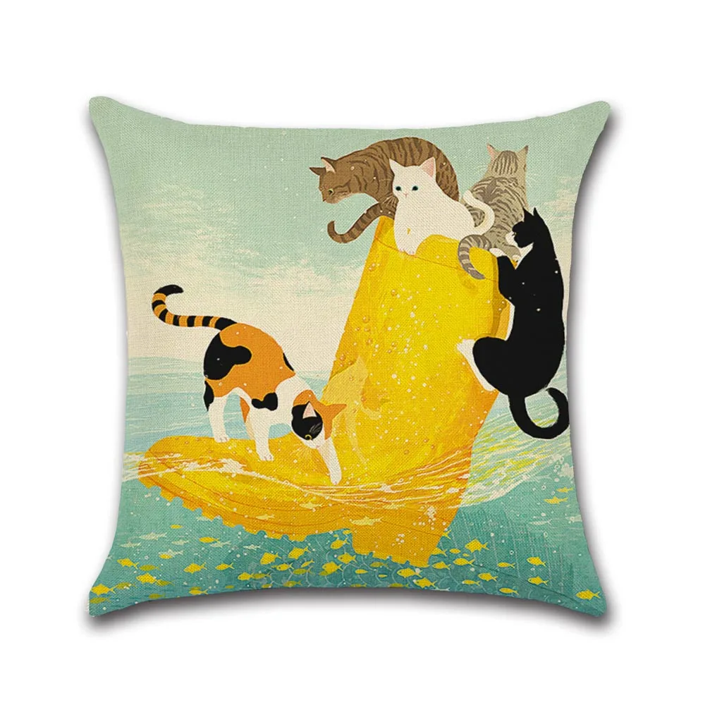 

YWZN Cute Cartoon Cat Printing Throw Pillow Case Cotton Linen Decorative Pillowcases Cat Pillow Cover hoofdkussen almohada