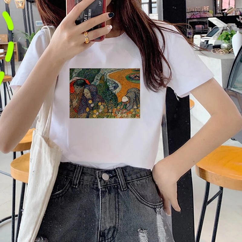 

Van Gogh Art tshirt women top Oil Printed Summer Short Sleeve Casual Streetwear white Tshirt Female Harajuku Ullzang 90s T shirt