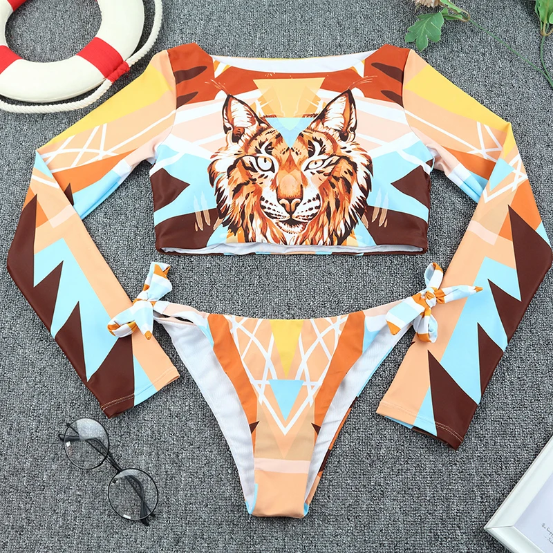 

Women's Rashguard Long Sleeve Bikinis Swimsuit Animal Cartoon Tiger Print Surfing Swimwear Sun Block Tankinis Set Bathing Suit