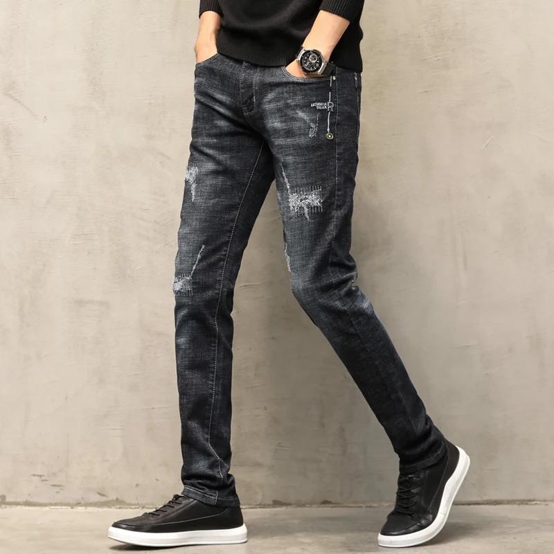 Рваные джинсы для мужчин осень-зима узкие прямые черные повседневные эластичные