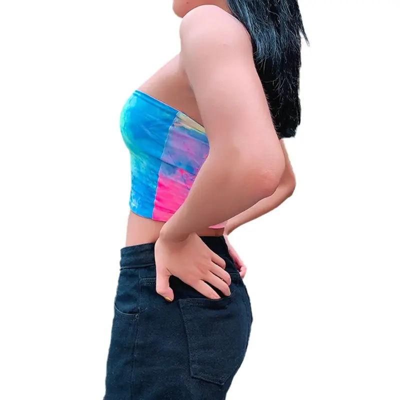 Women Summer Rainbow Colorful Tie-Dye Crop Tube Top Sexy One Shoulder Backless Bandeau Vest Festival Party Streetwear | Женская одежда