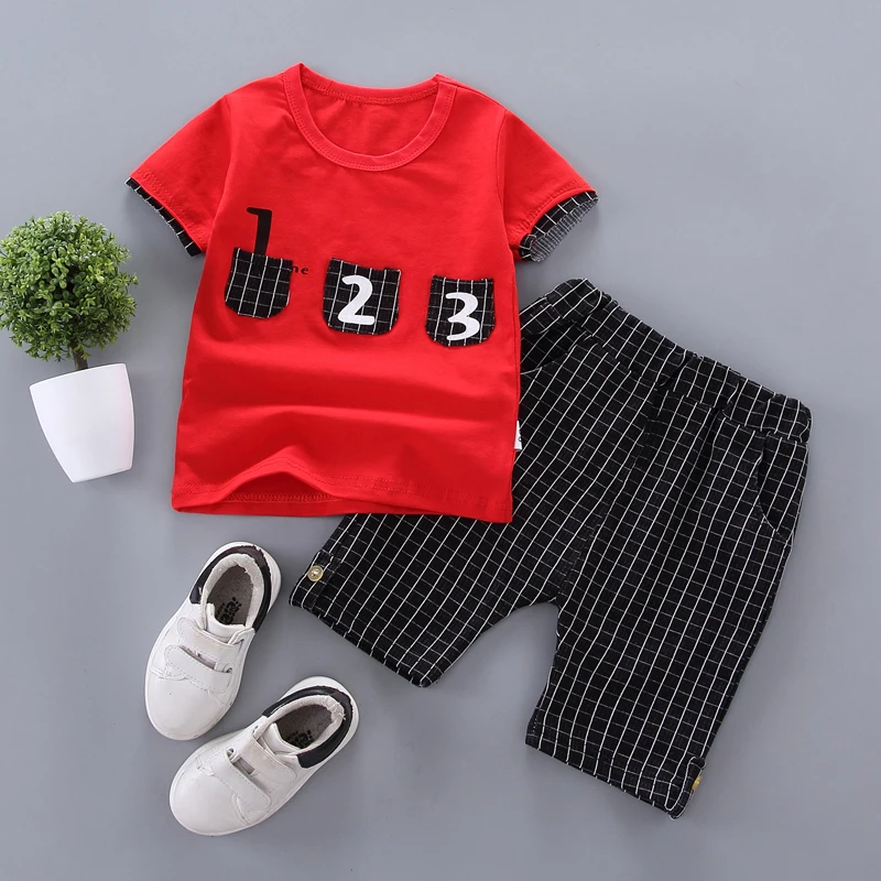 

Summer Baby Boys T-shirt Tops+Plaid Shorts Casual Short Sleeve Number Print T-shirts Shorts Costume Set