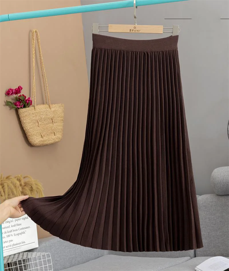 SINGRAIN Women Knitted Pleated Skirt Autumn Winter Korean Casual Loose Thick Warm A-line High Waist Long Sweater Skirts | Женская одежда
