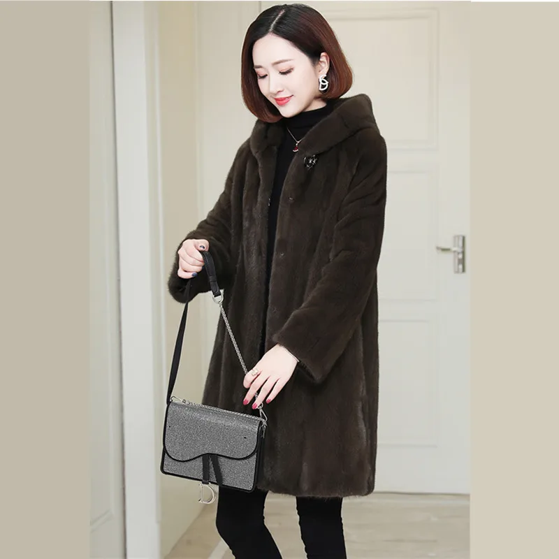 Женское пальто из норки повседневное искусственного меха с отворотом и