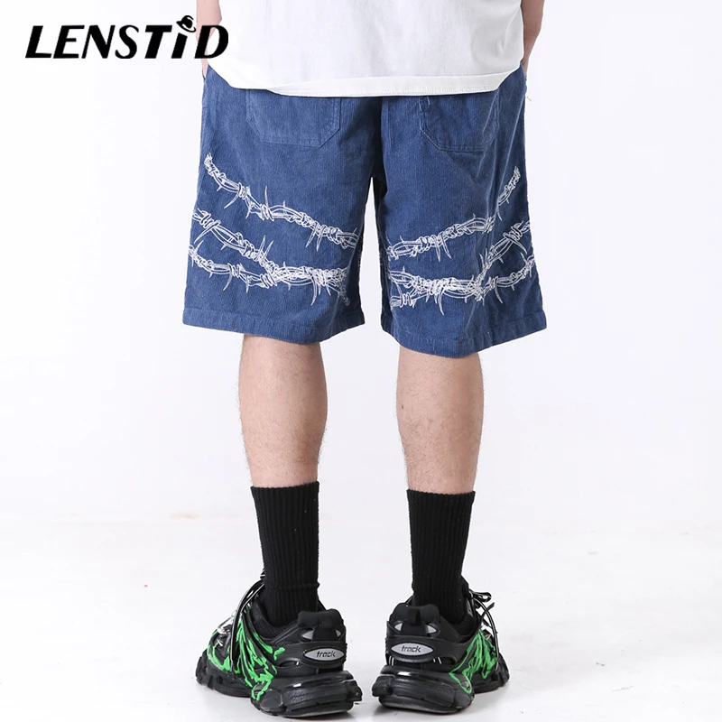 Мужские вельветовые мешковатые шорты LENSTID с вышивкой цепей в стиле хип хоп