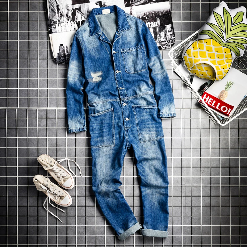 

Trendy brand hip-hop male blue tooling jeans 2021 new Korean men's fashion loose denim jumpsuits singer costumes