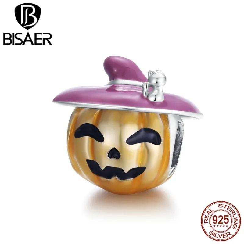 BISAER Halloween Pumpkin Charms 925 Sterling Silver Playful Pendant Beads Fit DIY Bracelet Necklace For Women Jewelry | Украшения и