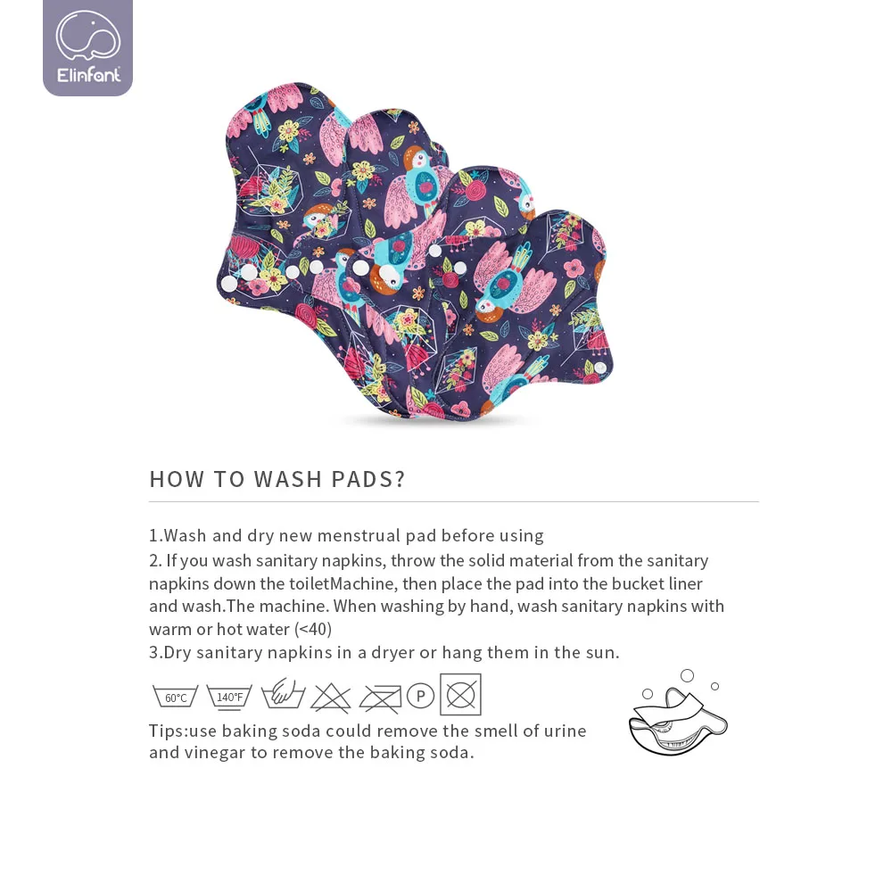Elinfant 4pcs/set Bamboo Charcoal Waterproof Washable Menstrual Pads Panty Liner Reusable Sanitary Pads