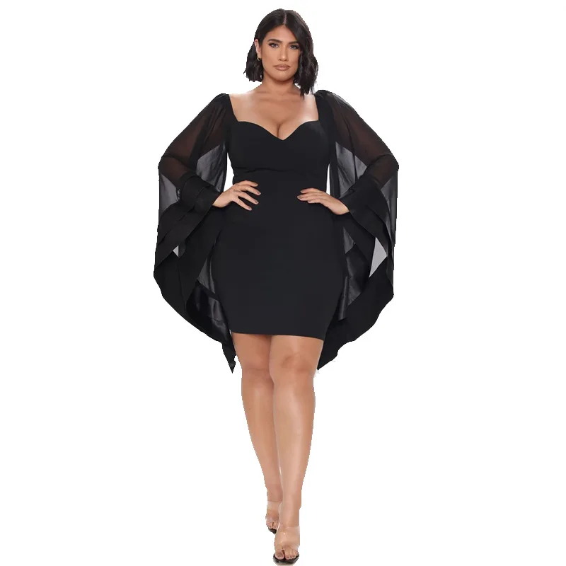

Plus Size Sexy XL~5XL Long Sleeve V-neck Black Autumn Christmas Dress Women Mesh Bodycon Club Party Elegant Dresses Vestidos