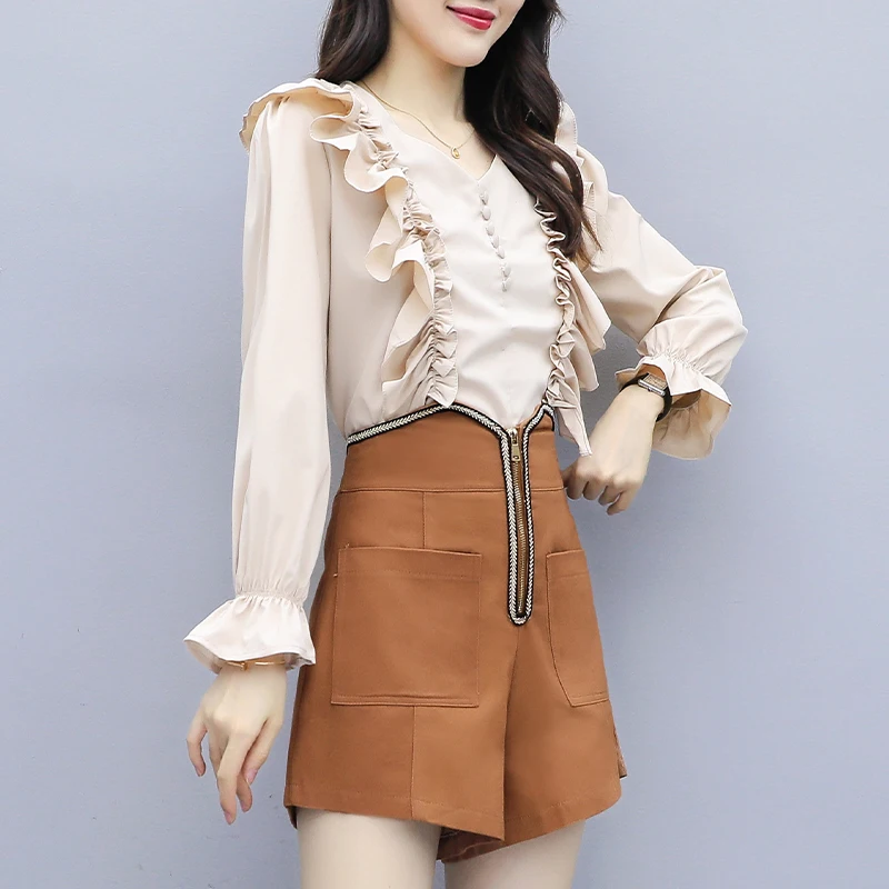 

2020 spring style long-sleeved chiffon shirt van fashion short pants suit top shorts 2 pcs clothing set suit outfit design