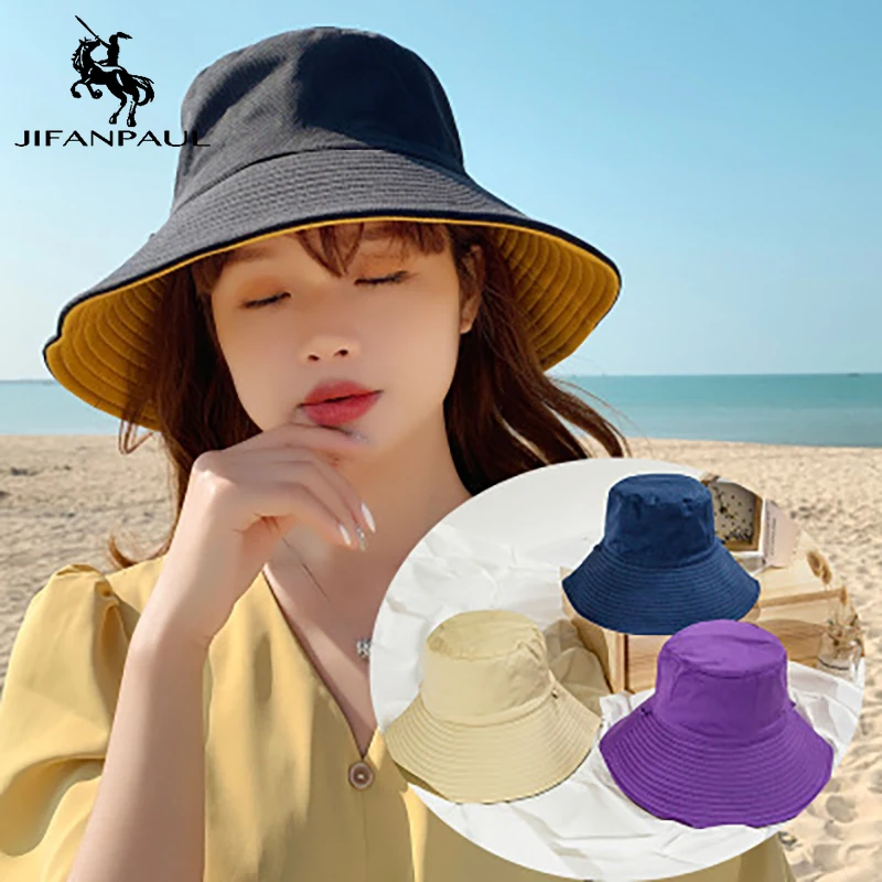 

JIFANPAUL big brimmed hat double-sided sun hat retro solid color basin hat sunshade female fisherman hat summer hats for women