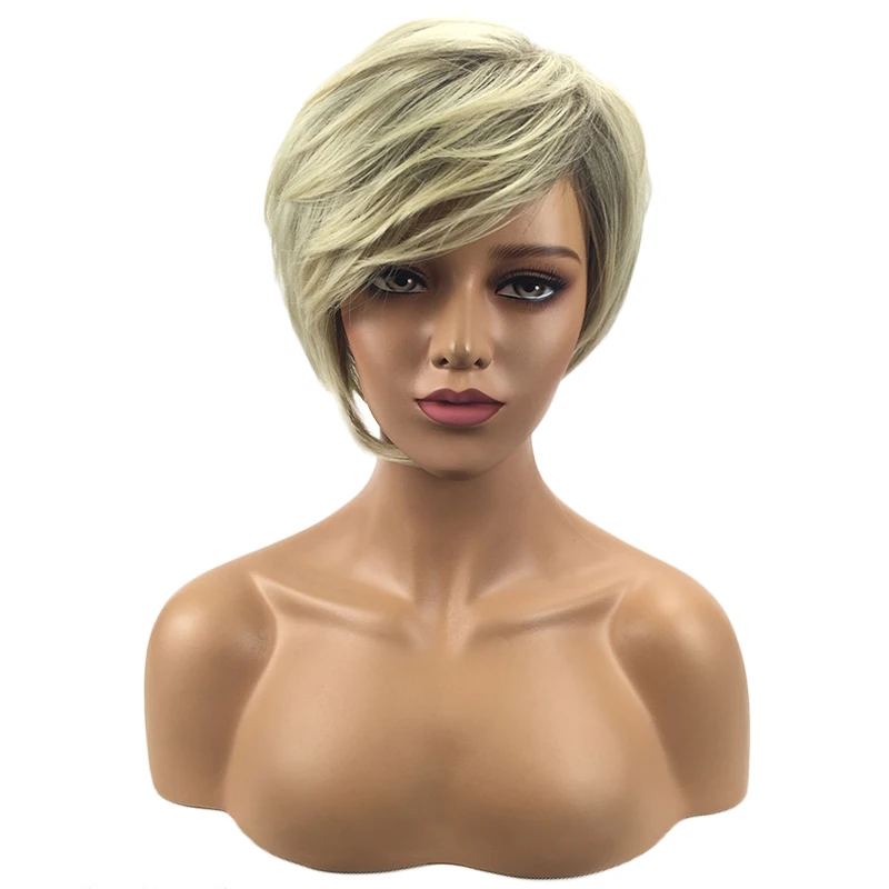 

Oblique Bangs Blonde Wig Short Pixie Synthetic Wigs for Black White Women Daily Ombre Cosplay Hair Wig High Temperature Fiber