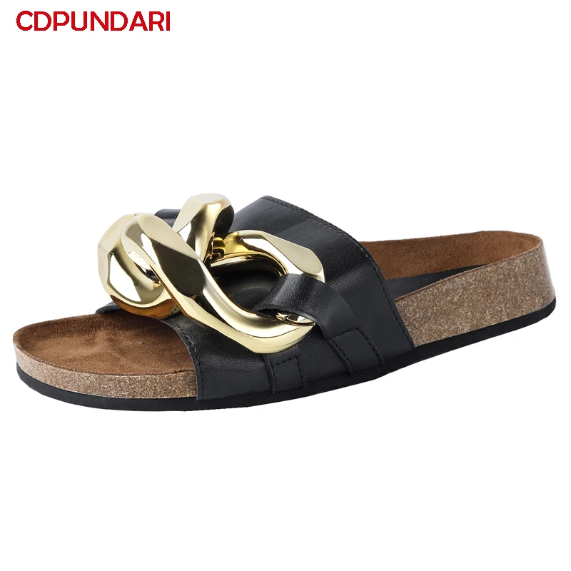 

Ladies Fashion Chain Genuine Leather Flat Platform Sandals Women Summer Casual Shoes Sandales Femmes 2021 Sandalias Mujer