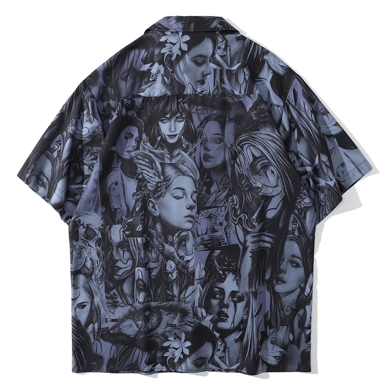 Harajuku Summer Hawaiian Beach Shirts Gothic Girl Print Hip Hop Button Shirt Mens Fashion Short Sleeve Holiday Party Blouse Tops