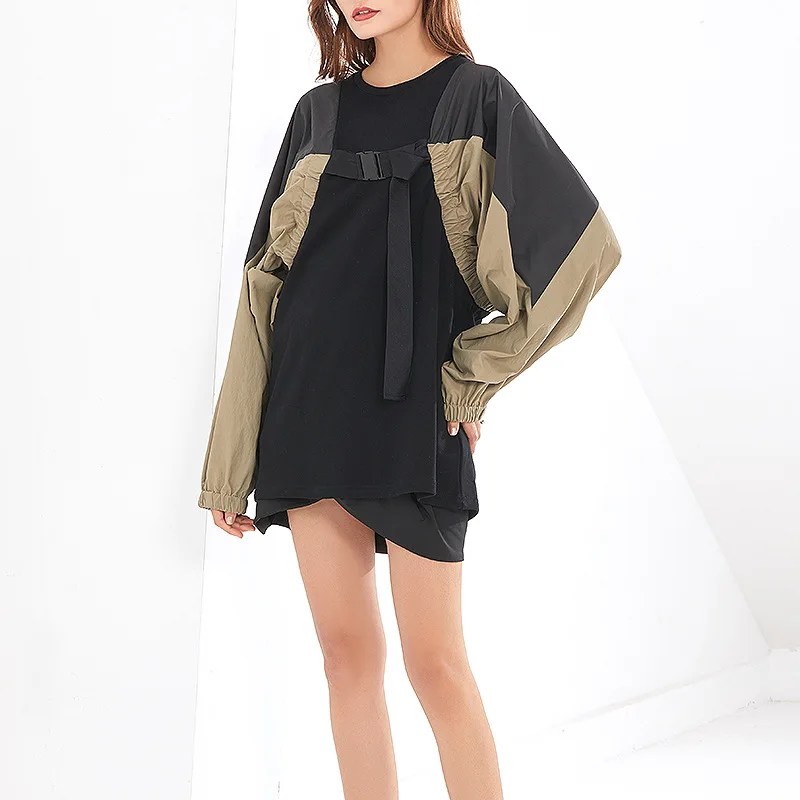 

MSXU 2021 spring new women's sweatshirt fashion casual round neck buckle strap elastic contrast stitching loose sweatshirt women